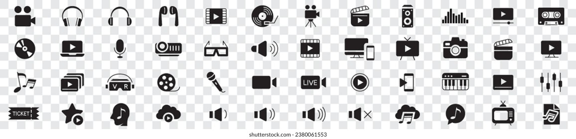 Content line icons editable set vector. Music Camera Audio Dj Piano Video Media Microphone Webcam Television Earphones Cinema