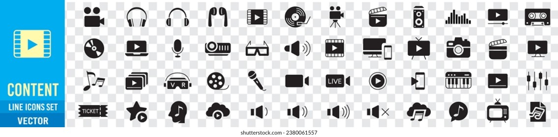 Iconos de línea de contenido vector de conjunto editable. Cámara de música Audio Dj Piano Video Media Microphone Webcam Televisión Earphones Cine