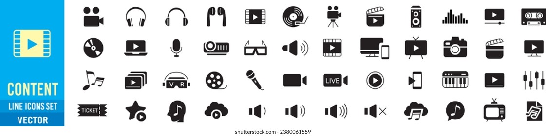 Content Line Icons editable Set Vektor. Music Camera Audio Dj Piano Video Media Mikrofon Webcam Fernseher Hörer Kino