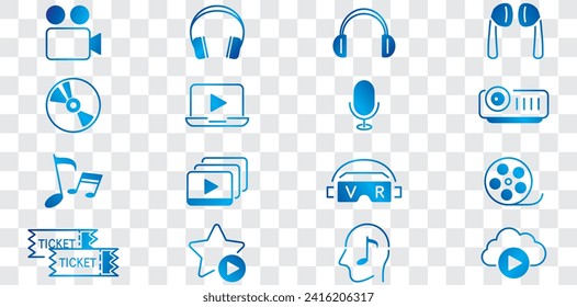 Content line icons editable set vector. Music Camera Audio Volume Dj Piano Video Media Microphone Webcam Television Earphones Cinema