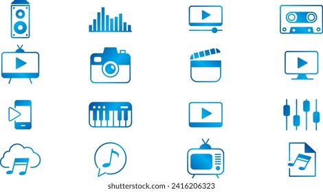 Content line icons editable set vector. Music Camera Audio Volume Dj Piano Video Media Microphone Webcam Television Earphones Cinema