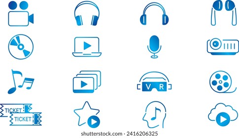 Content line icons editable set vector. Music Camera Audio Volume Dj Piano Video Media Microphone Webcam Television Earphones Cinema