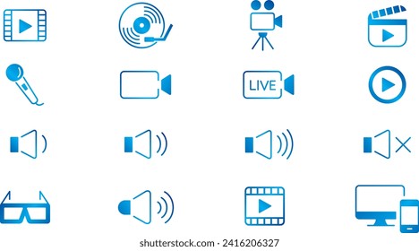 Content line icons editable set vector. Music Camera Audio Volume Dj Piano Video Media Microphone Webcam Television Earphones Cinema