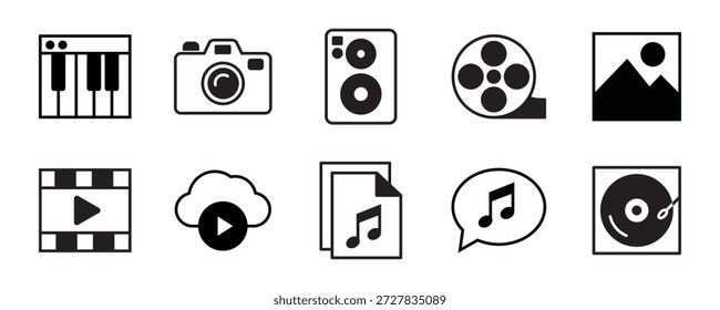 Conjunto de ícones da linha de conteúdo. Conjunto de ícones de linha de Áudio e Vídeo. Coleção de ícones de estrutura de tópicos de mídia. Música, câmera, webcam, cinema, televisão e muito mais. Traçado editável. Ilustração vetorial	