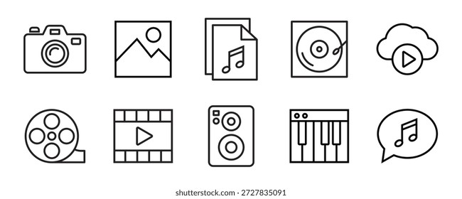 Conjunto de iconos de línea de contenido. Video Conjunto de iconos de audio y línea. Colección de iconos de contorno de medios. Música, cámara, webcam, cine, televisión y más. Trazo editable. Ilustración vectorial	