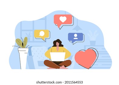 Content maker concept. Woman creates content for social networks situation. Management, business promotion people scene. Vector illustration with flat character design for website and mobile site