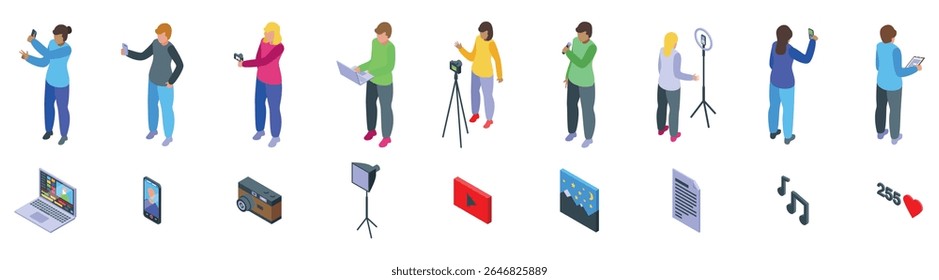  Conjunto de ícones do criador de conteúdo. Blogueiros estão usando várias ferramentas e equipamentos para criar conteúdo envolvente para suas plataformas online