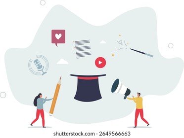 Criação de conteúdo para influenciadores de marketing e blogs online.Podcast em mídias sociais ou sites como trabalho de editor criativo. vida do personagem .