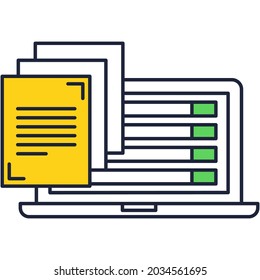 Content management and blog creation vector icon. Article writing, creative seo text and design for marketing campaign. Laptop computer with paper document isolated on white background