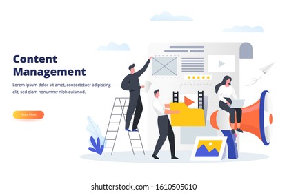 Content Management business concept. Experts fill the web page with engaging content. Can use for banner, web landing page, ui, mobile app, flyer and other related occasion