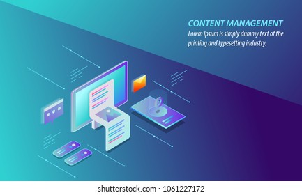 Content Management - CMS - Content Marketing, Delivery, Sharing 3D Style Isometric Design Vector Banner