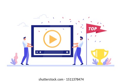 Content management, the concept of blogging and promoting video in a top rating. Two men carry a video - vector illustration.