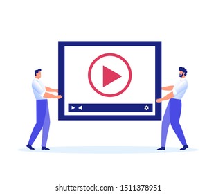 Content management, the concept of blogging and promoting video in a top rating. Two men carry a video - vector illustration.