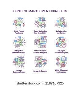 Content Management Concept Icons Set. LMS, CMS Functionalities Idea Thin Line Color Illustrations. Social Media. Ecommerce. Isolated Symbols. Editable Stroke. Roboto-Medium, Myriad Pro-Bold Fonts Used