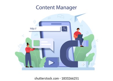 Concepto de administración de contenido. Idea de estrategia digital y contenido para la creación de redes sociales. Comunicación con clientes en medios sociales. Ilustración plana aislada