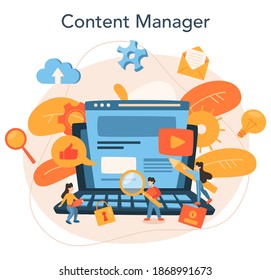 Content management concept. Idea of digital strategy and content for social network making. Communication with customer on social media. Isolated flat illustration