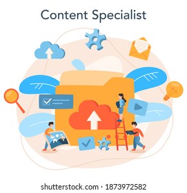 Concepto de administración de contenido. Idea de estrategia digital y contenido para la creación de redes sociales. Comunicación con clientes en medios sociales. Ilustración plana aislada
