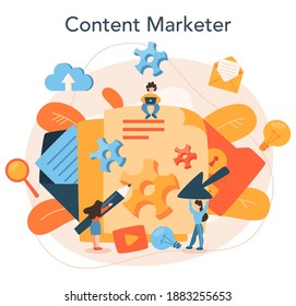 Concepto de administración de contenido. Idea de estrategia digital y contenido para la creación de redes sociales. Comunicación con clientes en medios sociales. Ilustración plana aislada