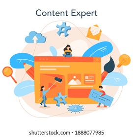 Content Management Konzept. Idee der digitalen Strategie und Inhalte für die soziale Vernetzung. Kommunikation mit Kunden in sozialen Medien. Einzige flache Abbildung