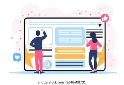 Content management concept. Man and woman near large tablet with webpage. SMM specialists evaluate articles on page. Promotion in social networks and Internet. Flat vector illustration