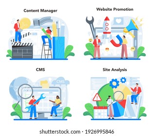 Content management concept set. Idea of digital strategy and content for social network or website promotion. Communication with customer on social media. Isolated flat illustration