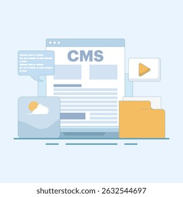 Ilustración vectorial de concepto de gestión de contenido. software de gestión de Sitios web, CMS - sistema de gestión de contenido, estrategia de marketing, comunicación para Sitios web en línea. ilustración de diseño plano.