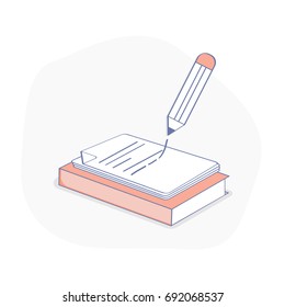 Content-Management, Content-Erstellung und News-Produktion-Icon-Konzept. Flache Illustration des Buches, Papierblätter mit Text, Bleistift. Web-UI-Element für Design.