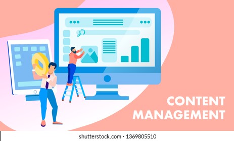 Content Management, Creation Vector Banner Concept. Developers, Coworkers Cartoon Characters. Web Design, UI, UX Development Flat Illustration with Typography. Website Interface on Computer Screen