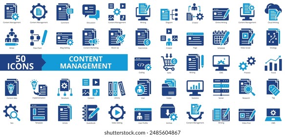 Content management icon collection set. Containing comment, discussion, writing, diagram, creator, online writing, cloud icon. Simple flat vector.