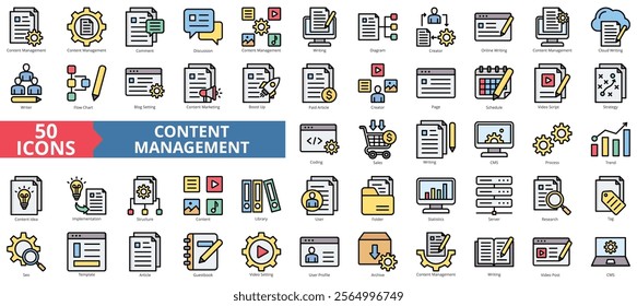 Content management icon collection set. Containing comment, discussion, writing, diagram, creator, online writing, cloud icon. Simple flat outline vector illustration