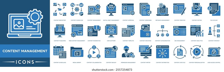 Content Management icon. Content Repository, Content Workflow, Management, Digital Asset Management and Content Approval