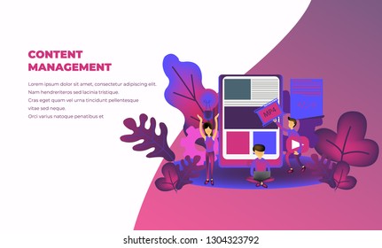 content management illustration business with tiny people character, landing page, template, ui, web, mobile app, poster, banner, flyer,kids cover Book, social media, Card Invitation,