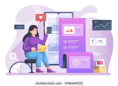 Content Management Illustration, Creating and Managing Social Media Contents. This illustration can be used for website, landing page, web, app, and banner.