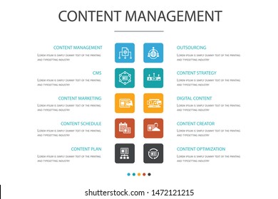 Content Management Infographic 10 option concept.CMS,  content marketing, outsourcing, digital content simple icons