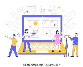 Content management, internet creative blog, writing and creative content. Bloggers characters, video and photo content makers vector illustration. Creative media blogs authors