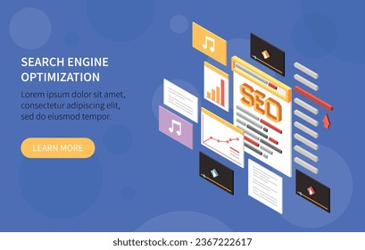 Content management isometric banner with search engine optimization headline and learn more button vector illustration