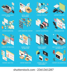 Content management isometric concept icon set with digital asset management content strategy creation marketing governance personalization and other descriptions vector illustration