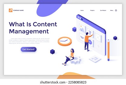 Content Management isometric landing page template. Filling website with useful information to engage customers vector design. Digital marketing. 3d colorful illustration for web page development