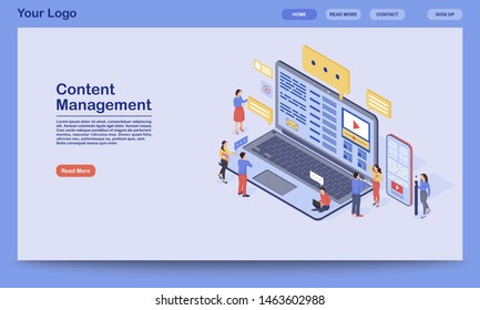 Content management landing page vector template. Digital inbound marketing website interface idea with flat illustration. SMM, media advertising homepage layout. Web banner, webpage cartoon concept