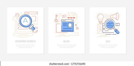 Content management - line design style banners set with place for text. Keyword search, blog, seo illustrations. Promotion, blogging and advertisement idea. Laptop, web pages, magnifier icons