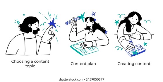 Content Management, managing SMM strategy processes and market analysis - set of business concept illustrations. Visual stories collection.