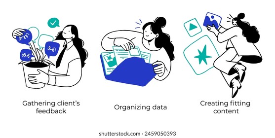 Content Management, Management von SMM-Strategieprozessen und Marktanalyse - eine Reihe von Abbildungen für Geschäftskonzepte. Visuelle Geschichten Kollektion.