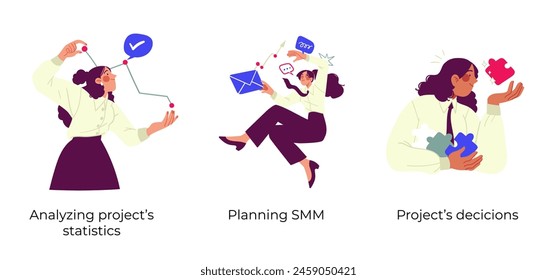 Content Management, managing SMM strategy processes and market analysis - set of business concept illustrations. Visual stories collection.