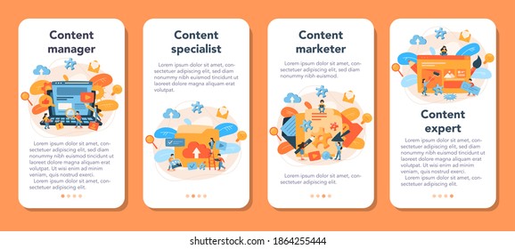 Banner-Set für das Content Management von mobilen Anwendungen. Idee der digitalen Strategie und Inhalte für die soziale Vernetzung. Kommunikation mit Kunden in sozialen Medien. Einzige flache Abbildung