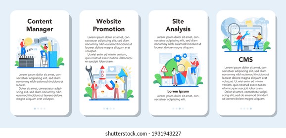Content management mobile application banner set. Idea of digital strategy and content for social network or website promotion. Communication with customer on social media. Isolated flat illustration