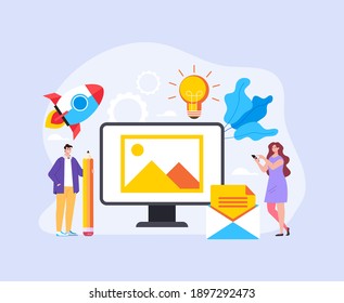Content management new business development media concept. Vector flat graphic design simple illustration
