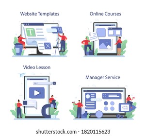 Servicio en línea de administración de contenido o conjunto de plataformas. Idea de estrategia digital y contenido para la creación de redes sociales. Curso en línea, lección de vídeo, plantillas de sitios web. Ilustración plana aislada