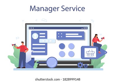 Content Management Online-Service oder Plattform. Idee der digitalen Strategie und Inhalte für die soziale Vernetzung. Einzige flache Abbildung