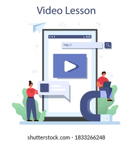 Servicio o plataforma en línea de administración de contenido. Idea de estrategia digital y contenido para la creación de redes sociales. Lección de video en línea. Ilustración plana aislada