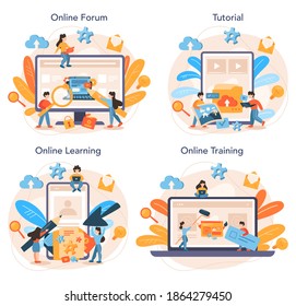 Servicio en línea de administración de contenido o conjunto de plataformas. Idea de estrategia digital y contenido para la creación de redes sociales. Foro en línea, tutorial, aprendizaje, formación. Ilustración plana aislada